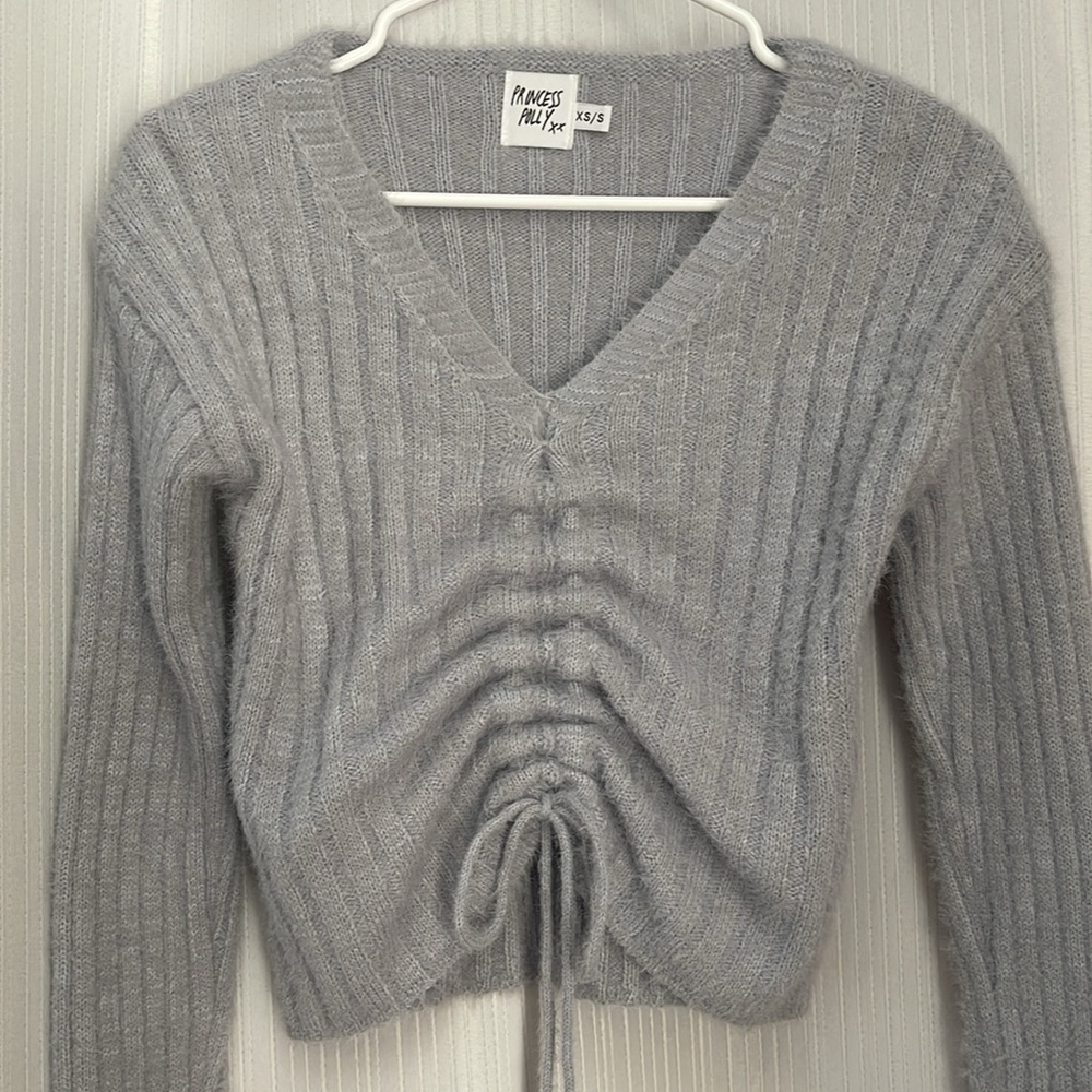 Princess Polly Gray Ribbed V-Neck Drawstring Sweater - Picture 3 of 9